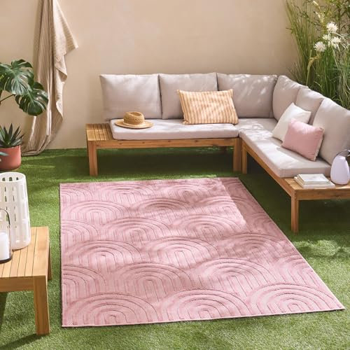 Nazar Tapis Salon Santorini, Interieur Exterieur, Moderne, Blanc, Beige, Gris, Noir, Turquoise, Jaune, Rose, Motif Relief, Poils Court et Doux (985 Rose, 80x150 cm)