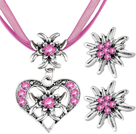 Aurasky 3 Stück Trachtenschmuck Set, Bayerisch Dirndlschmuck Trachtenkette Schmuck, Trachten Herz Anhänger und Strass Edelweiß Ohrstecker für Damen Oktoberfest Dirndl und Lederhose Accessoires(Rosa)