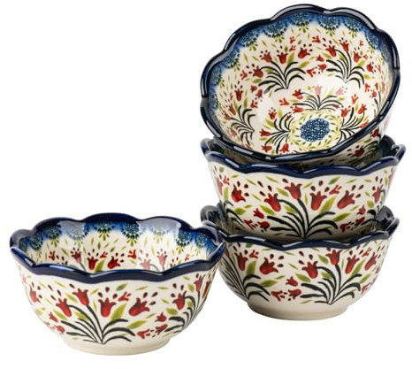 ONECCI Porcelain 5 Cereal Bowl Set - Set of 4, for Dessert | Ice cream | Soup | Rice | Fruits | Small Portions, Microwave and Dishwasher Safe 13.4 Oz Ceramic Bowls, Vintage Blue,Polish porcelain