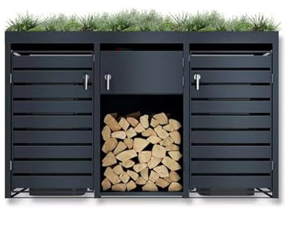 DWD® Garden Double Wheelie Bin Hideaway with Plant Roof 120L/240L Waste Bin Storage Shed w/Locking Doors Central Firewood Rack Store with Integrated Tool Compartment, Plant Roof Weather Proof Stylish