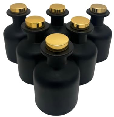 X6 150ml Empty Refillable Glass Diffuser Bottles Diffuser Jars. With Gold Stopper Bungs | Aromatherapy Container Fragrance Accessories Use for DIY Replacement Reed Diffuser (Matte Black)