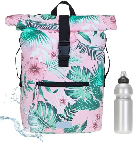 Rucksack Herren Plane Time Bag Kurierrucksack Roll-Top Fahrradrucksack Sport Fitness Damen 23 Liter A4 12821 + Flasche (12818 Rosa Flower (4))