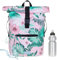 Rucksack Herren Plane Time Bag Kurierrucksack Roll-Top Fahrradrucksack Sport Fitness Damen 23 Liter A4 12821 + Flasche (12818 Rosa Flower (4))