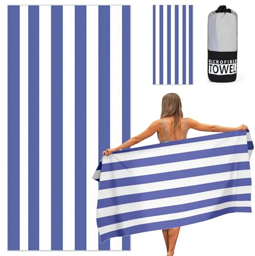 Ainiv Strandtuch, Strandhandtuch Groß, 80x160 cm Gestreiftes Beach Towel/Badetuch, Weiches Sport Yoga Handtuch mit Tasche, Schnelltrocknendes Microfaser Pooltuch für Bad, Reisen, Sport-Dunkelblau
