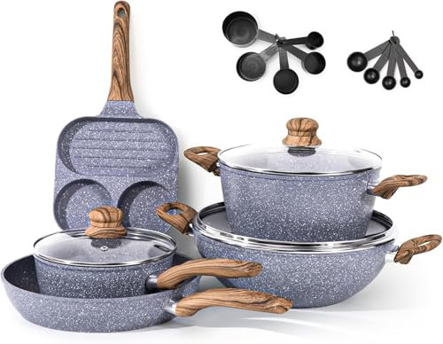 Juego de Ollas y Sartenes Cocina Antiadherentes, 22 Piezas Batería de Cocina Antiadherentes Aluminio para Todas las Cocinas, Incluso Inducción, Vitrocerámica, Ollas Cocina con Tapas, sin PFOA y PFOS