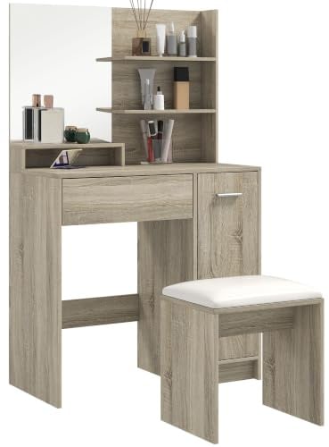 HOMCOM Dressing Table w/Mirror and Stool Vanity Table Natural Wood Finish | Modern Makeup Desk with Drawer, Storage Cabinet, Adjustable Shelf, Bedroom