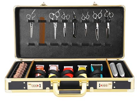 HOARLICN Barber Tragekoffer, Aufbewahrungskoffer für Haarschneider Haarschneider Zubehör Tasche Haarschneider Werkzeugkasten Removable Storage Compartments für Friseur, Tierfriseur(Schwarzes Gold)