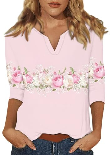 SCBFDI Basic Tshirt Damen 3/4 Arm mit Drucken Lose Stretch Casual Oberteil | V Ausschnitt Basic Elegant Frühling Pullover Dreiviertelarm Shirt Business Outfit