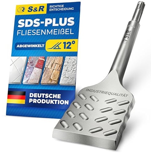 S&R Hochleistungs - Fliesenmeißel SDS plus 250 mm x 50 mm abgewinkelt, Meißel in Industrie-Qualität Made in Germany, optimierte Geometrie für Fliesen und Fliesenkleber, gehärtet, breit, Thunder
