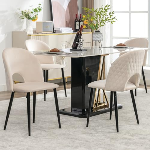 A ALFRESCOOL Esszimmerstuhl (4 St), Polsterstuhl Design Stuhl mit Rückenlehne,Sitzfläche aus Samt Gestell aus Metall,Verstellbare Füße,Diamantmuster auf der Rückseite,Beige