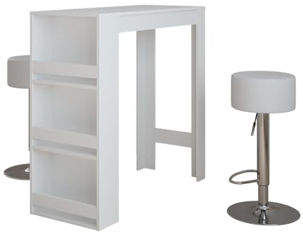 Vicco Bartisch-Set Repose, Weiß, 45 x 110 cm | mit 2 Barhockern, mit Ablagefächern zur Aufbewahrung von Küchenutensilien