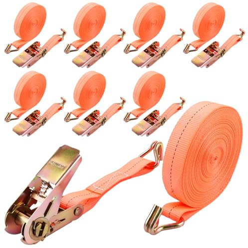 VIDETOL 8 Pièces Sangles d'Arrimage avec Cliquet et Crochets, 10 m × 2,5 mm Sangle à Cliquet, Orange Sangles de Serrage pour Remorque, Moto, Voiture