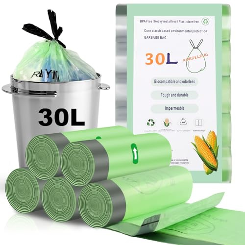 RAYITO 80 x 30 Liter Medium Bin Liners, Bin Bags Drawstring Rubbish Bags | 5 Rolls Food Waste Bag Garbage Bag Bathroom Bin Liners Trash Bags for Office Bathroom Kitchen Garbage(61x65cm, Green)