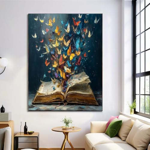 DLERFLOVR Leinwand Bilder 80L x 120B cm Ungerahmt Buntes Schmetterlings-Ölgemälde Wanddeko Alte Bücher Bild auf Leinwand Wandbilder Wohnzimmer Aesthetic Room Decor - Dunkelblau
