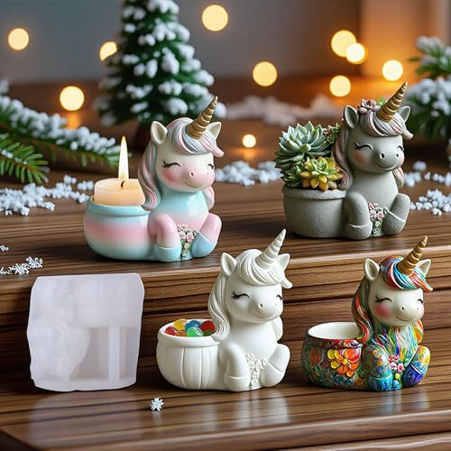Silicone Unicorn Tealight Candle Holder Resin Epoxy Mold, Scented Candle Jar, Trinket Container Storage Tray Molds, Succulent Plant Pot Table Ornament Casting Mould Home Wedding Party Decor