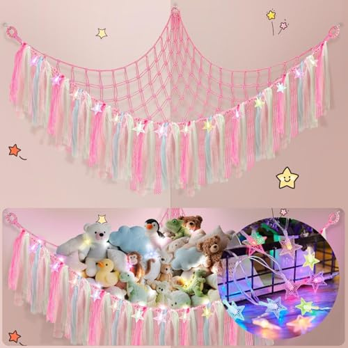 Lunriwis Kuscheltier Aufbewahrung Netz mit LED-Leuchten, Boho Makramee Spielzeug kinderzimmer deko, StofftieStofftier Aufbewahrungstasche Hängematte Aufbewahrung Kuscheltiere Rosa