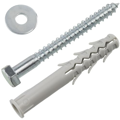 AERZETIX - Kit de 4 tacos con reborde Ø16x120 mm de nylon con aletas + 4 tornillos tirafondo Ø12x120 mm + 4 arandelas anchas para perno M12 | para fijación en hormigón ladrillo cemento