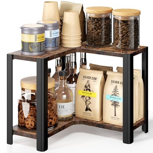niffgaff Regal für Kaffee-Ecke & Arbeitsplatte | kleiner Organizer für Küche & Kaffeeecke, platzsparendes Eckregal aus Holz & Metall, 2-stufig, Vintage Brown
