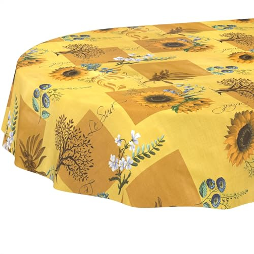 Wachstuchtischdecke Tischdecke abwaschbar Wachstischdecke pflegeleicht wasserabweisend Lotuseffekt Gartentischdecke Sonnenblume Oval 180 x 140 cm Schnittkante