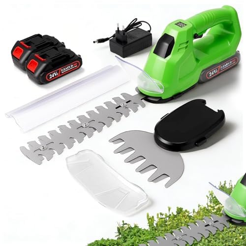 Cortasetos y cortacésped inalámbrico 2 en 1 de 24 V sin escobillas, 2 baterías y Cargador Tijeras Cortasetos eléctricas con 2 Cuchillas Cortasetos + cortacésped Ligeras e inalámbricas para jardinería