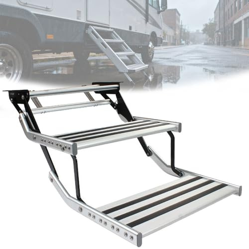 Klappbare, manuell/elektrisch verstellbare Wohnmobiltreppe, elektrisch ausziehbare Treppe mit LED-Beleuchtung, Tragkraft 200 kg, rutschfeste Pedale, für Wohnmobile, Camper und Wohnwagen, elektrisch