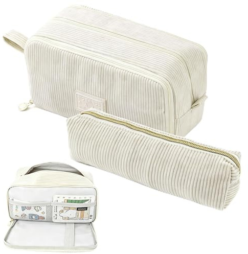 Gokemuak Federmäppchen aus Cord-Stoff Federtaschen Mäppchen mit 3 Fächer Schulmäppchen Große Kapazität Stiftetasche Pencil Case für Schule & Büro (Beige, 2 Stück)