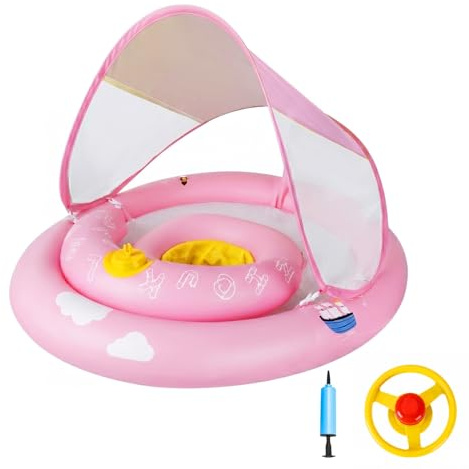 MYCARBON Salvagente Neonato 6 Mesi – 30 Mesi con Parasole Mutandina Regolabile Salvagente Bambini con Pompetta Galleggiante Ciambella per Mare Piscina