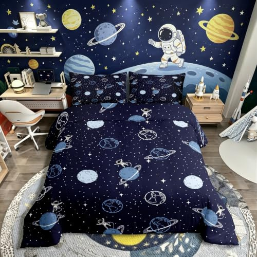 Homewish Dunkelblau Sternenhimmel Bettwäsche 135x200 | Planeten Weltraum Bettwäsche Set Moderne Modisch Kosmos Stil Bettbezug Weltraumfans Bettset 1 Kissenbezug Schlafzimmerdekor