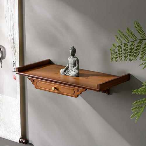 FYRDTNG Altar Schrank Wandmontage Bambus mit Ausziehbarer Platte Hausaltar Buddhistischer Schrein Pooja Mandir Meditation Räucherwerk Zen Regal(Walnut,60cm/23.6in)