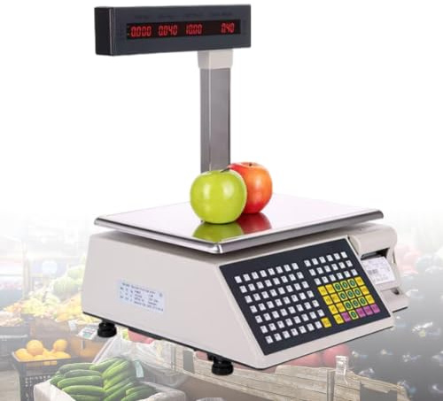 Professionelle Kvittovåg med Kvittoskrivare, Elektronisk Prisvåg för Fiskbod, Dubbelsidig Digital Skärm, Maximal Kapacitet 30kg(15kg/5g)