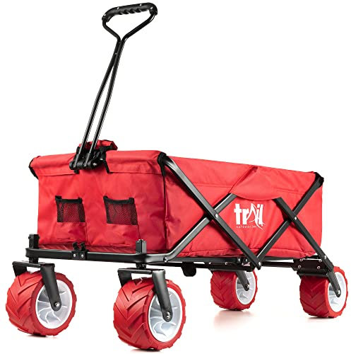 Trail Beach Trolley Cart Folding Camping Festival Wagon With Pull Along Handle, All Terrain Wheels, Drink Pockets, 60KG Capacity (Red)