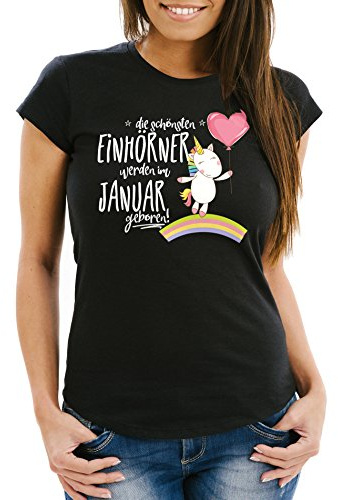 MoonWorks Damen T-Shirt die schönsten Einhörner Werden im Januar geboren Slim Fit Geschenk Geburtstag schwarz XL