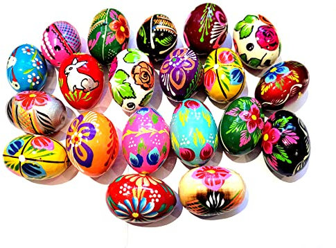 Wooden World - Juego de 5 huevos de Pascua de madera pintados a mano para decoración de Pascua