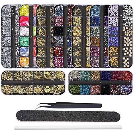 EBANKU 9 Boîtes Nail Art Ongles Strass Art d'ongle Précieuses de Cristaux Mélangés Clou Goujons étoile de Perles de Pièrres Strass avec Une Pince à épiler, Strass Picker Crayon et Une Lime