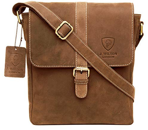 J. Wilson London 100% Genuine Real Vintage Hunter Leather Handmade Mens Womens Leather Everyday Crossover Shoulder Work Tablet Messenger Bag (Distressed Oil Tan)