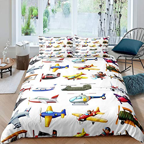Cartoon Flugzeuge Bettwäsche-Set Arten Flugzeuge Bettwäsche Set 135x200cm Spielzeug Flugzeuge Betten Set für Kinder Jungen Mädchen Teenager 2St.Reißverschluss Mikrofaser