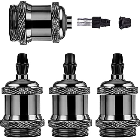 E27 Vintage Solid Bulb Socket Edison Bulb Holder ES Lamp Holder Screw Fitting with Shade Ring Cord Grip 5 mm for Ceiling Pendant Light Wall Light Sconce YnGia, E27 Socket Holder Pearl, Black, 4 Pack