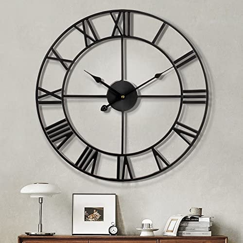 Maxstar Moderne römische Ziffern große Wanduhren,Vintage,Leichtes Tickende Runde Metall stille Wanduhr für Wohnzimmer,Küche,Schlafzimmer,Garten Dekor-Schwarz 40cm