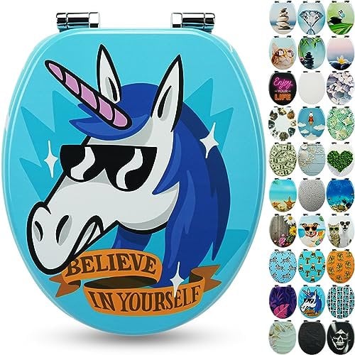 SANFINO® Premium Toilet Seat with Soft Close - Wooden Toilet Lid, lots of colourful and decorative designs, high seating comfort, easy to install including instructions - Funky Unicorn