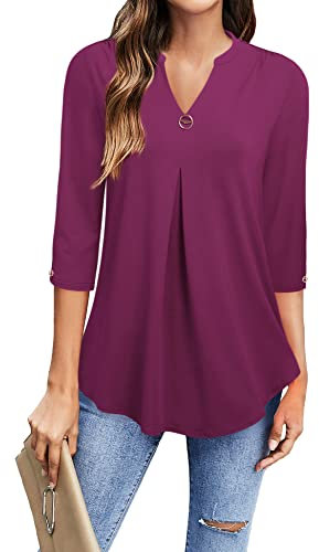 Gaharu Business Festliche Hemd Tunika Hemdbluse Damen 3/4 Ärmel Arbeitsshirt Frauen Sommerbluse Elegant V-Ausschnitt Women T-Shirt Lang Lässige Frühling Baumwolle Modern Slim Fit Mode Phalaenopsis, L