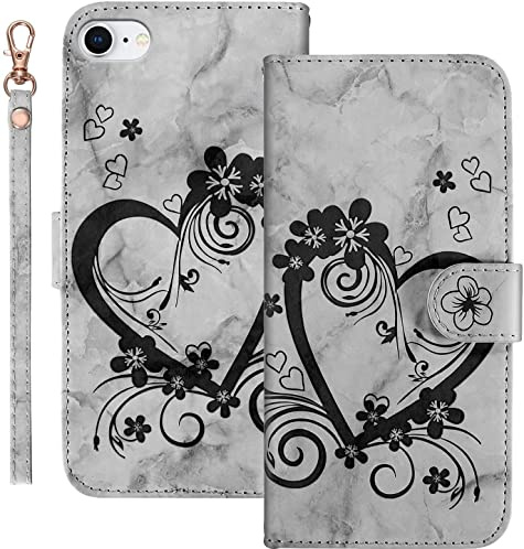 Jeffene Flip Case for iPhone SE 2022/iPhone 7/iPhone 8/iPhone SE 2020 (4.7 inch), Love Heart Floral Pattern Folding Stand Marble PU Leather Wallet Flip Cover with Kickstand,Card Slots-Black
