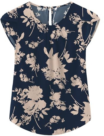 TASAMO Women’s Blouses Casual Cap Sleeves Front Pleated Round Neck Keyhole Back Chiffon Dressy Top(Large, Pink Flower- Blue)