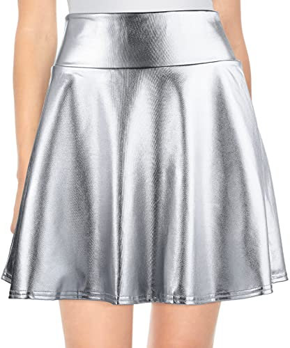 Damen Glänzend Metallisch Mini Skater Rock Plissee Aufgeflammt Damen A Linien Rock für Mädchen Cosplay Kostüm (Silber, L)