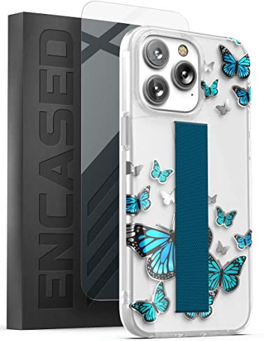 Encased Finger Loop Case Designed for iPhone 14 PRO Case for Women with Hand Strap (Screen Protector Included) - Blue Butterfly