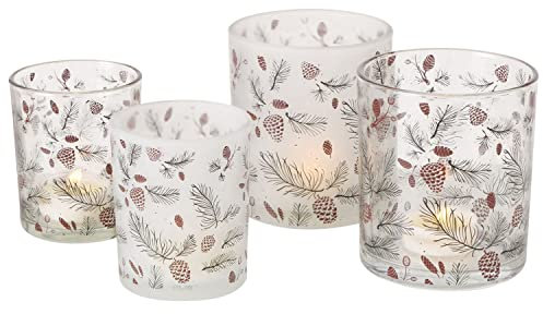 MamboCat 4tlg Set Windlicht Pino I klar & matt mit Zweigen & Tannenzapfen I H8,5cm & H10cm I Teelichthalter aus Glas I Tisch-Deko, Herbst & Winter I Kerzenhalter für Wohnzimmer, Küche, Esstisch & Co