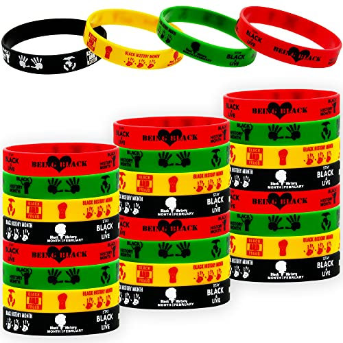 24Pcs Black History Month Rubber Bracelets African American Heritage Holiday Party Supplies Silicone Wristbands BHM Party
