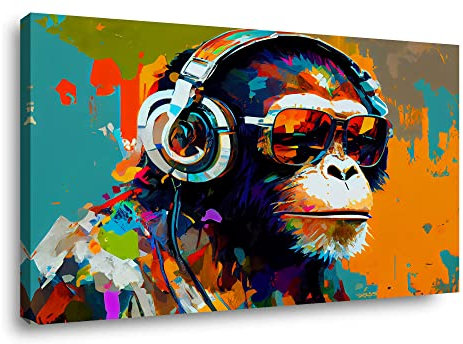 Visario Leinwand Bild Affe Kopfhörer Nr 4042 80 x 60 cm Leinwand Bild Wanddeko hochwertig Wohnzimmer Büro Druck