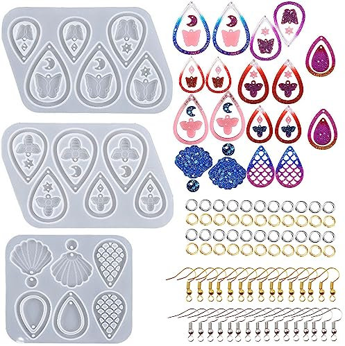 Attuslla 3 Stück Ohrring Resin Harz Formen Ohrring Silikonform Epoxidharz Resin Silikonform mit Ohrhaken, Biegeringen für DIY Ohrringe, Harzschmuck, Bastelbedarf für Anhänger