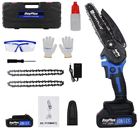 Motosega a batteria con 2 batterie da 21 V, 1,5 Ah, 15 cm, mini motosega e caricabatterie, 2200 spm, dimensione di taglio 80 mm, 2 catene, 1 piastra di guida, piastra di guida