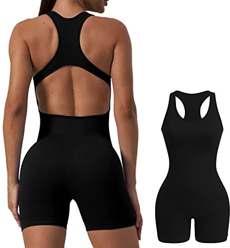 Jetjoy Yoga Jumpsuit für Damen eng Overall Nahtlos kuschelig Bodysuit Rückenlose Gepolsterte Bodycon Sexy Einteiler Jumpsuits Damen kurz Sport Workout Sommer Romper,Zurück öffnen schwarz,M